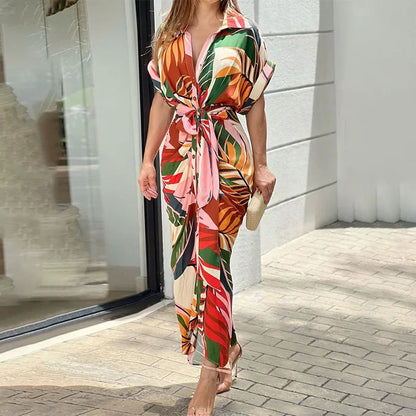 Robe midi Femme Ceinturée Col Chemise Manches Courtes