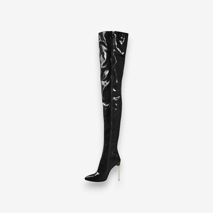 Bottes Femme Haut Talon Pointu avec Fermeture Éclair Noir