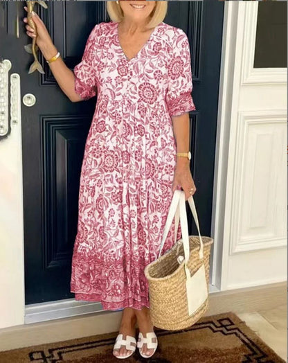 Robe Femme Fluide Imprimé Floral Col V Manches Courtes