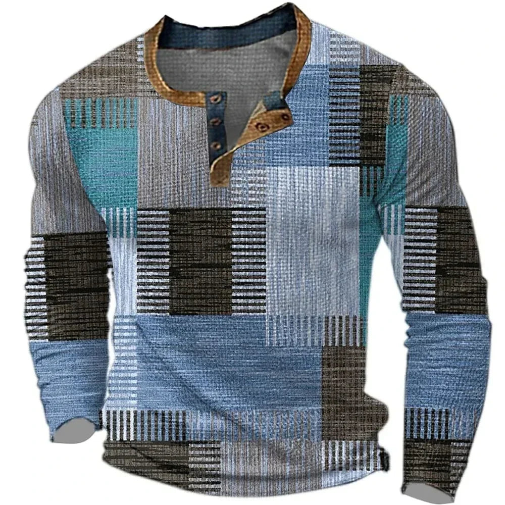 T-shirt Homme Coton Col Henley Manches Longues Coupe Patchwork