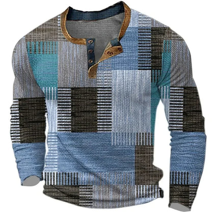 T-shirt Homme Coton Col Henley Manches Longues Coupe Patchwork