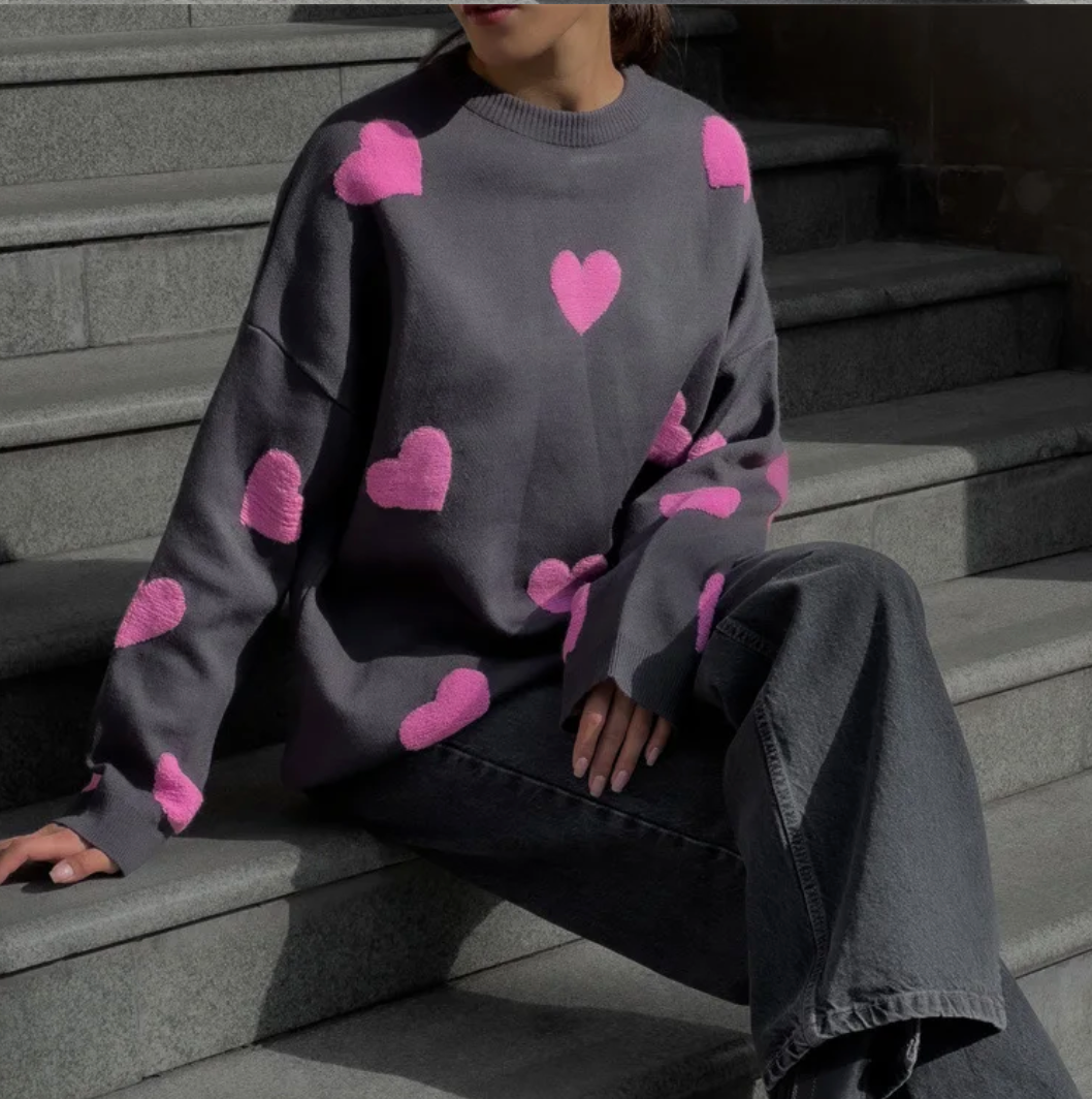 Pull à Col V Douillet avec Imprimé Cœur