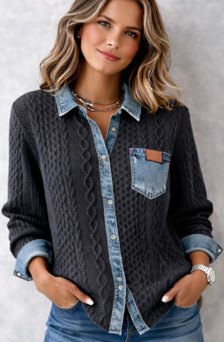 Chemise Tricot Coton Détails Denim Coupe Ajustée