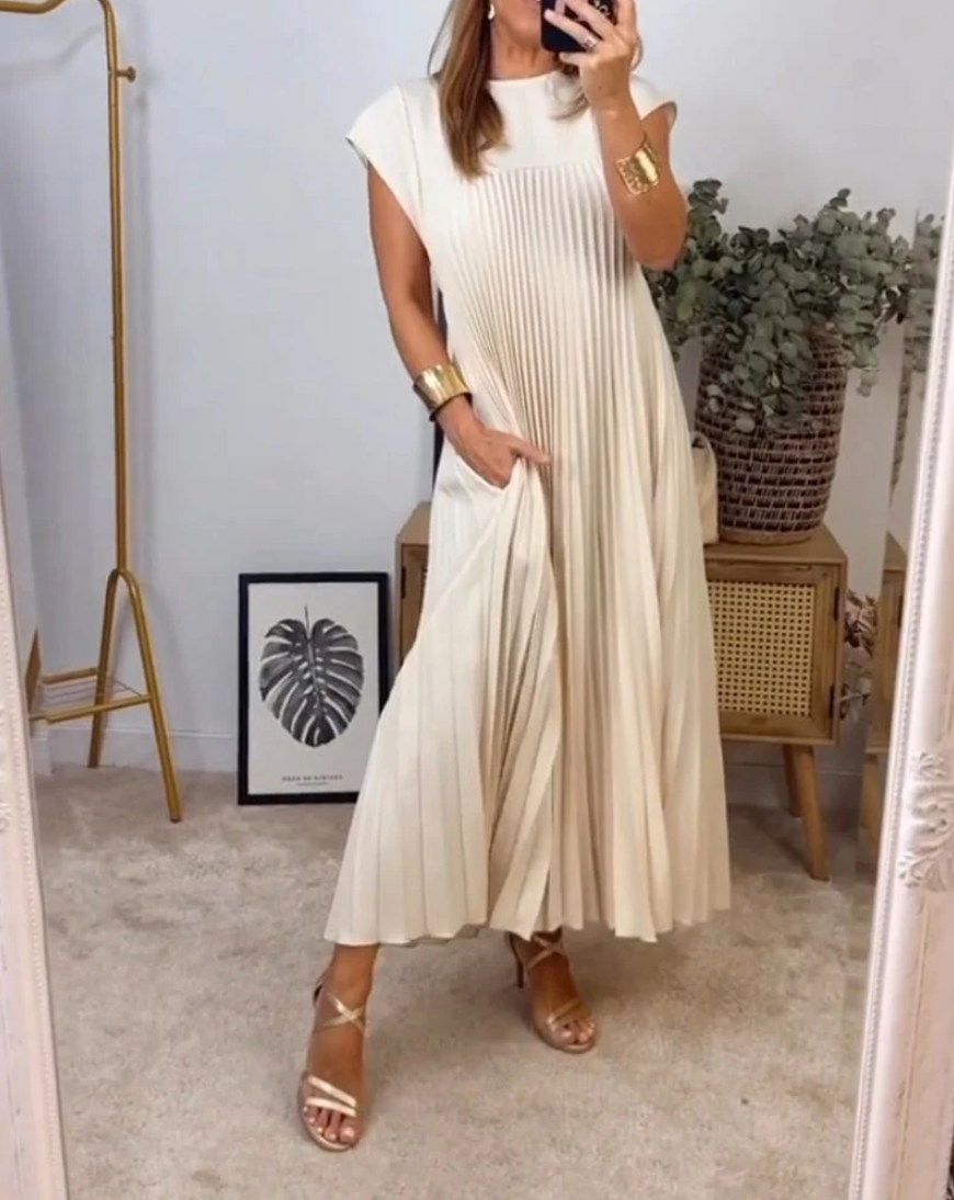 Robe Plissée Beige Mi-Longue Sans Manches - BerlinGlamour