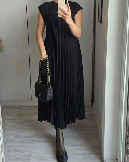 Robe Plissée Beige Mi-Longue Sans Manches