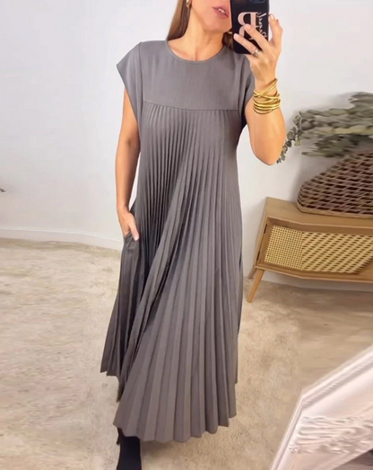 Robe Plissée Beige Mi-Longue Sans Manches