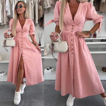 Robe Midi Femme en Jean Boutonnée Col V Manches Longues