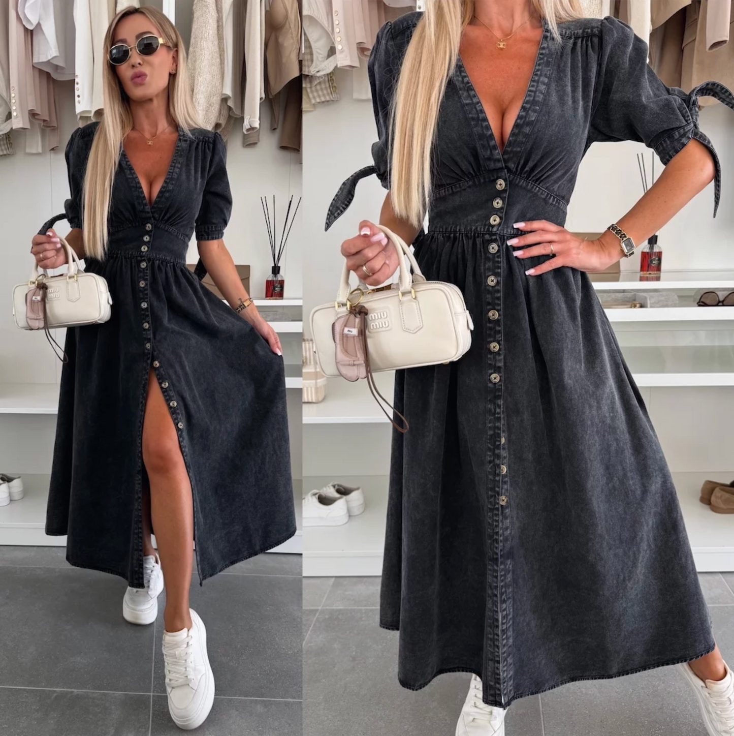 Robe Midi Femme en Jean Boutonnée Col V Manches Longues