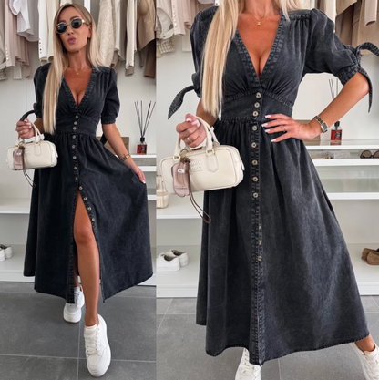 Robe Midi Femme en Jean Boutonnée Col V Manches Longues