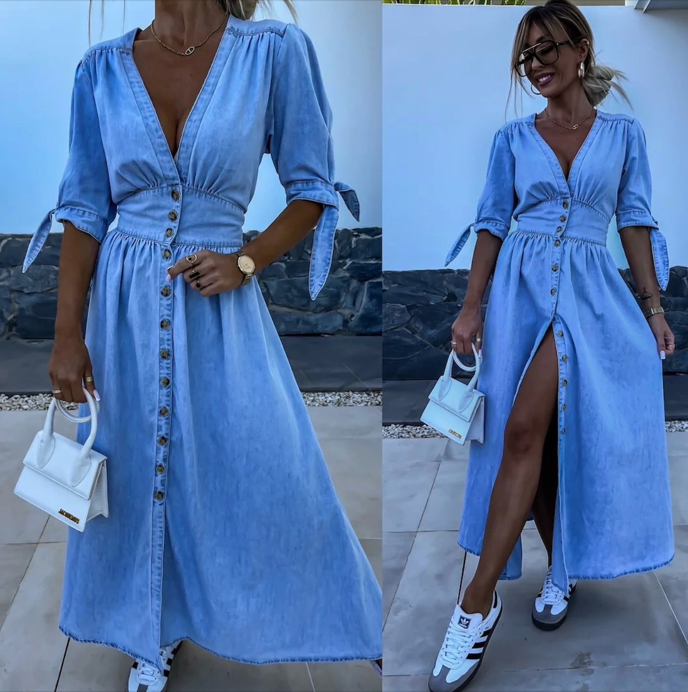 Robe Midi Femme en Jean Boutonnée Col V Manches Longues