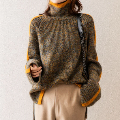 Pull Femme Col Roulé en Laine Mélangée Rayures Douces