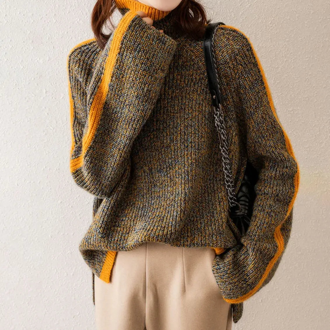 Pull en Maille Rayée Orange et Gris pour Femme