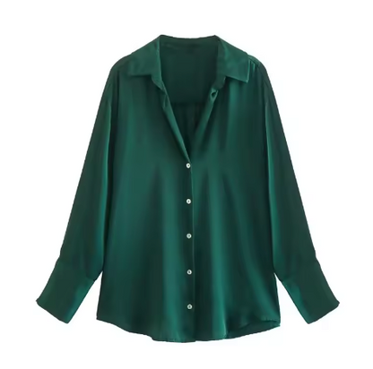 Chemisier femme satin vert émeraude manches longues - PanierRoyale