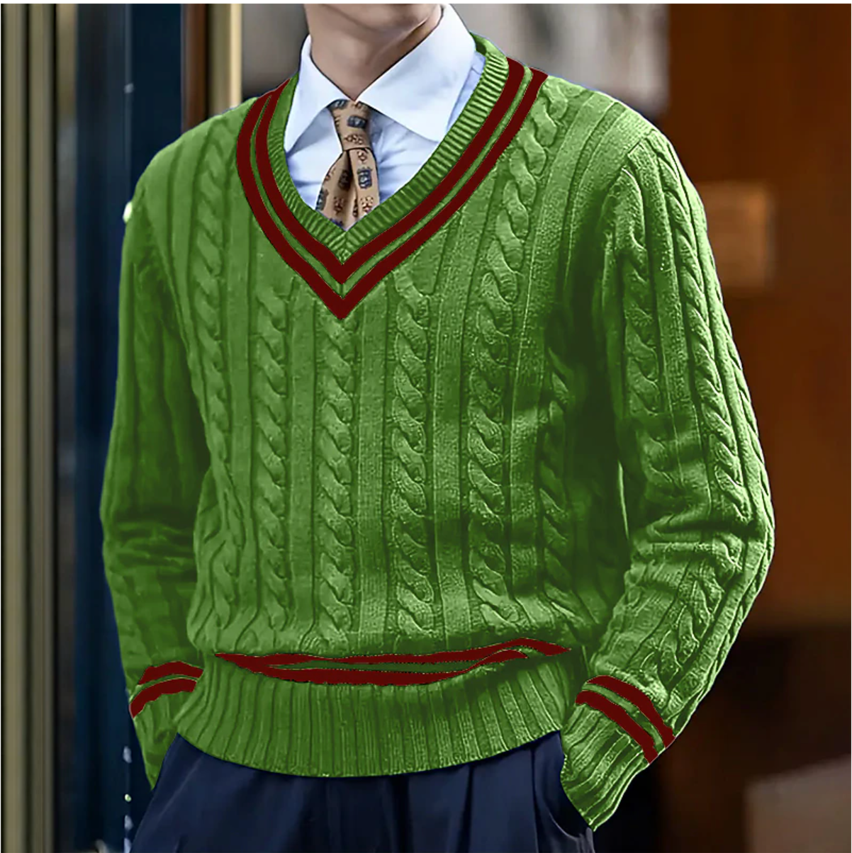Pull Homme Col V en Laine Mélange Épais