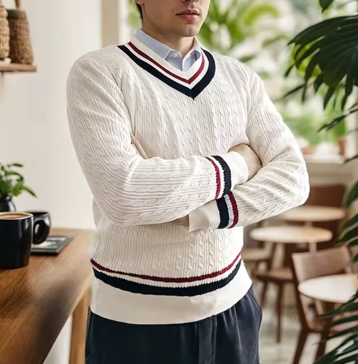 Pull Homme Blanc Col V en Maille épaisse - PanierRoyale