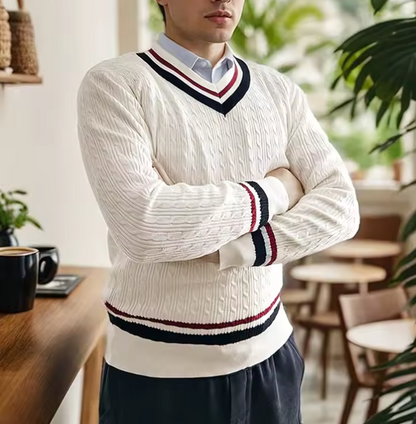 Pull Homme Blanc Col V en Maille épaisse - PanierRoyale