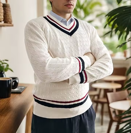 Pull Homme Blanc Col V en Maille épaisse - PanierRoyale
