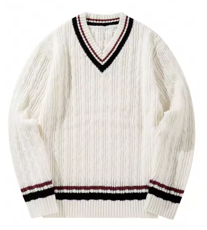 Pull Homme Blanc Col V en Maille épaisse