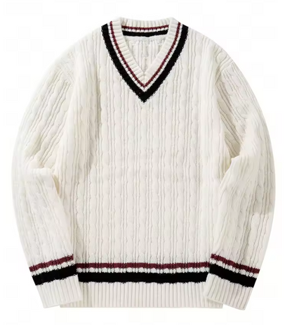 Pull Homme Blanc Col V en Maille épaisse