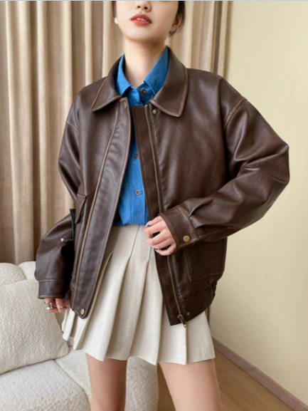 Veste Femme Effet Cuir Coupe Droite Style Vintage Mi-saison - PanierRoyale