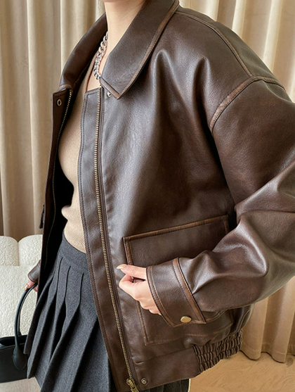 Veste Femme Effet Cuir Coupe Droite Style Vintage Mi-saison