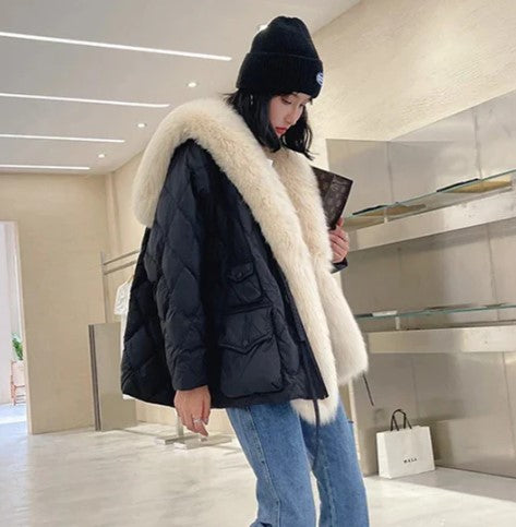 Veste Femme Hiver Fourrure Synthétique avec Capuche et Fermeture Éclair