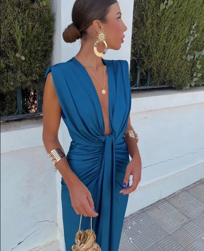 Robe longue Femme Drapée Col en V Sans Manches Fente Soirée - PanierRoyale