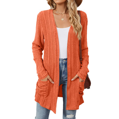 Cardigan Féminin Détendu avec Poches et Manches Longues