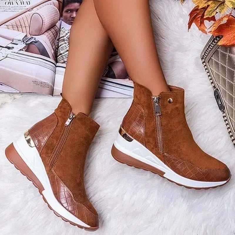 Bottines Femmes Beige à Talon Plat avec Fermeture Éclair
