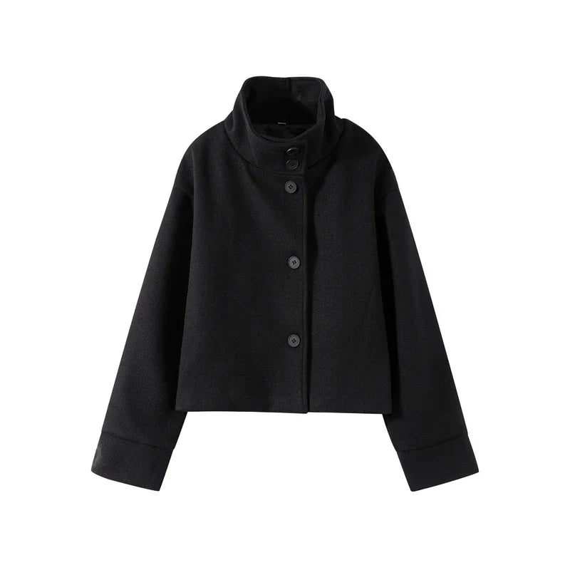 Veste femme courte en laine chaude avec col montant et boutons