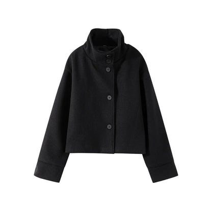 Veste femme courte en laine chaude avec col montant et boutons