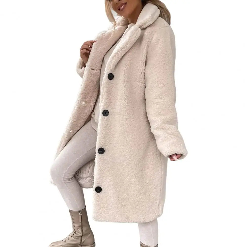Manteau Femme Pelucheux Mi-Long Hiver Chaud avec Fermeture Boutons