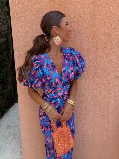 Robe Florale Élégante Manches Bouffantes pour Femme