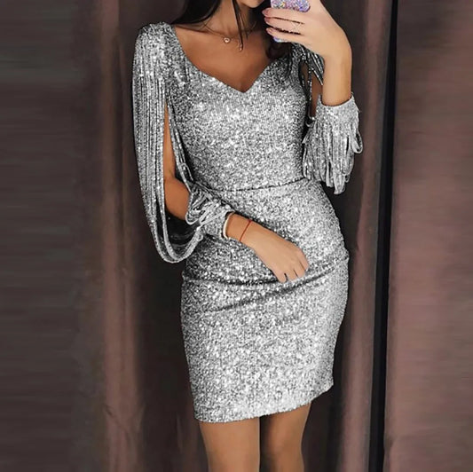 Maëvane™ – Robe À Paillettes Femme Élégante Avec Manches Longues & Franges-1