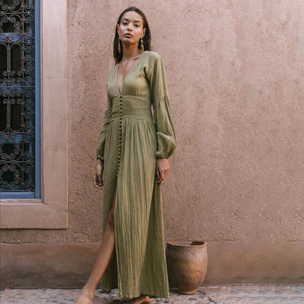 Robe Été Femme Longue en Coton Kaki avec Plis et Boutons - PanierRoyale
