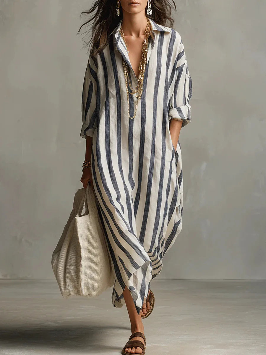 Robe Chemise Femme Coupe Ample Longue en Tissu Rayé - PanierRoyale