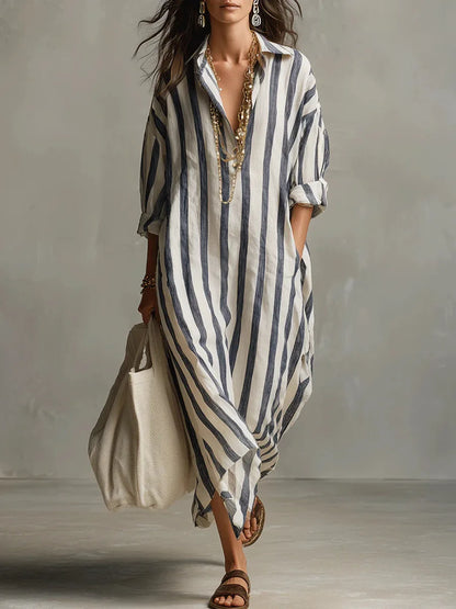 Robe Chemise Femme Coupe Ample Longue en Tissu Rayé - PanierRoyale