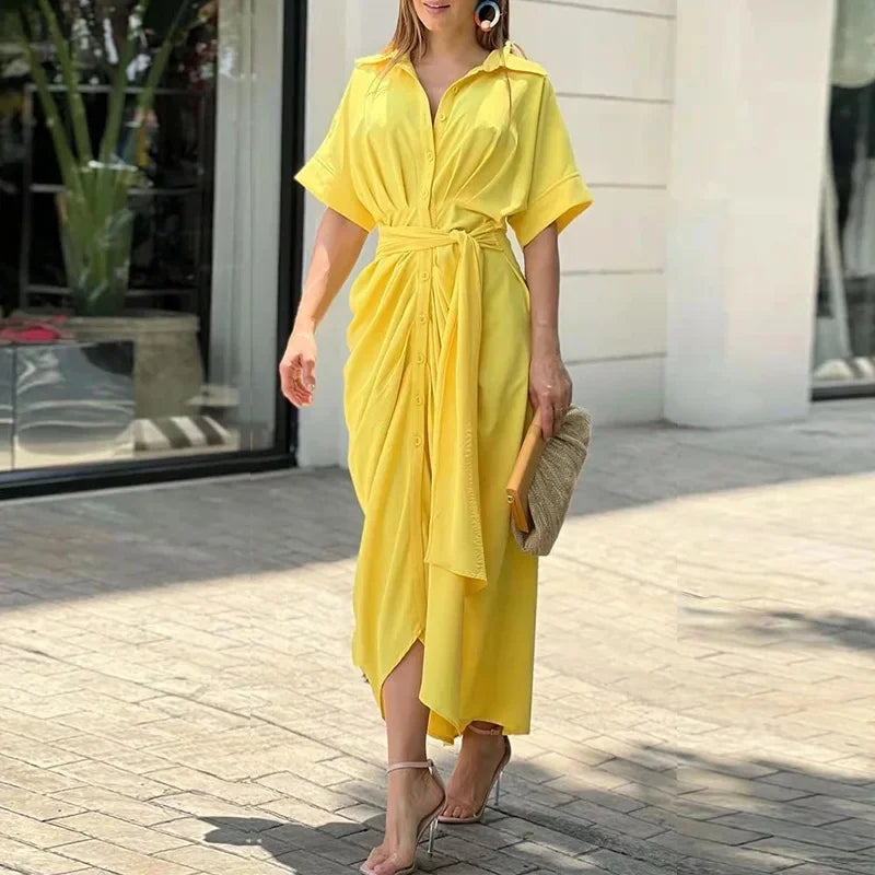 Robe midi Femme Ceinturée Col Chemise Manches Courtes