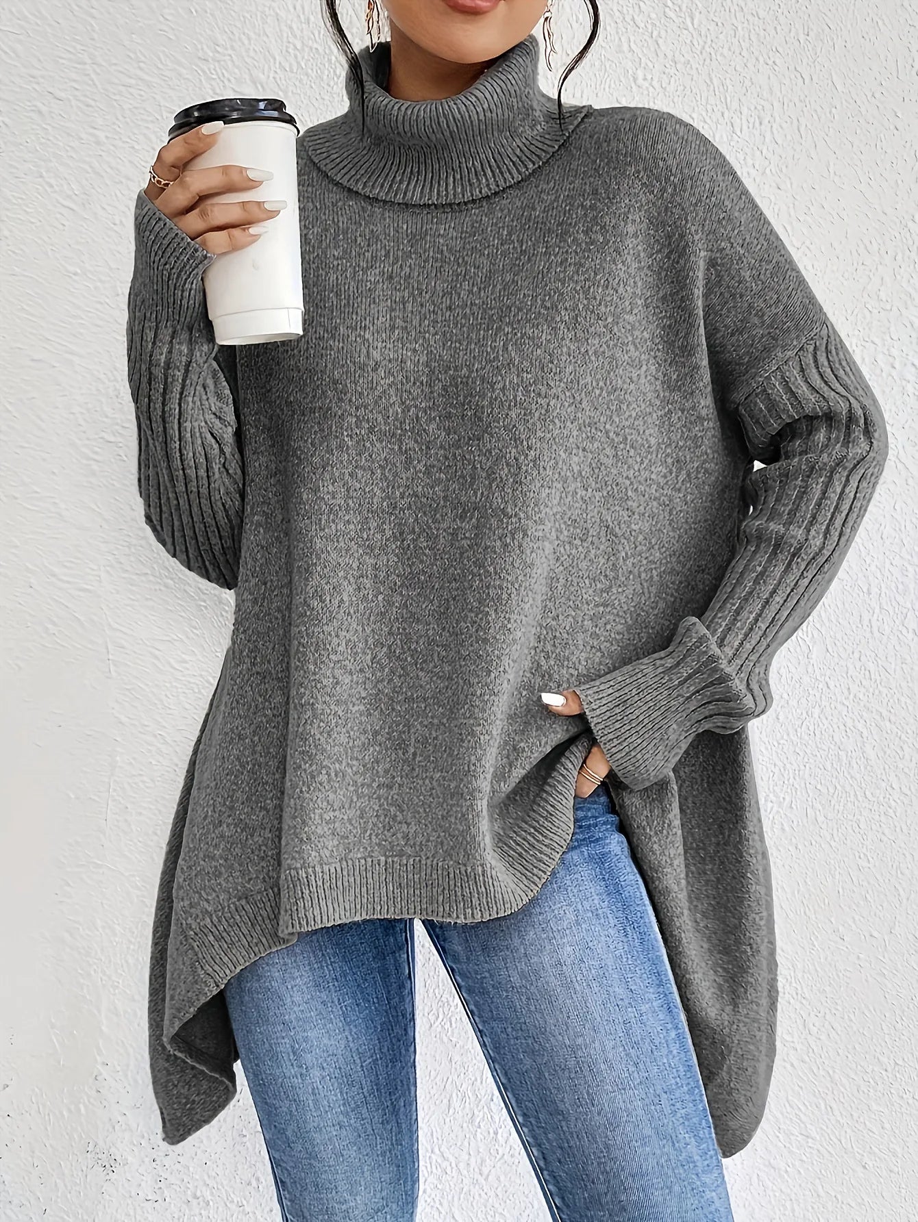 Pull Oversized Femme Hiver Confortable à Col Montant