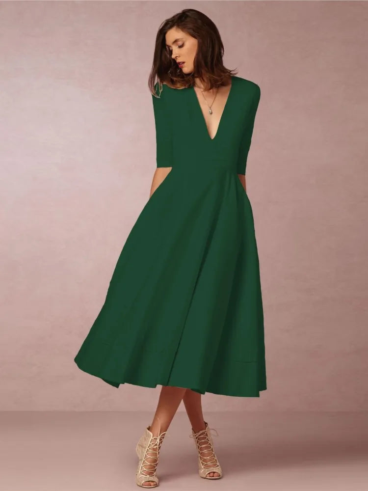 Robe du Soir Élégante en Soie Noir Midi Chic Femme