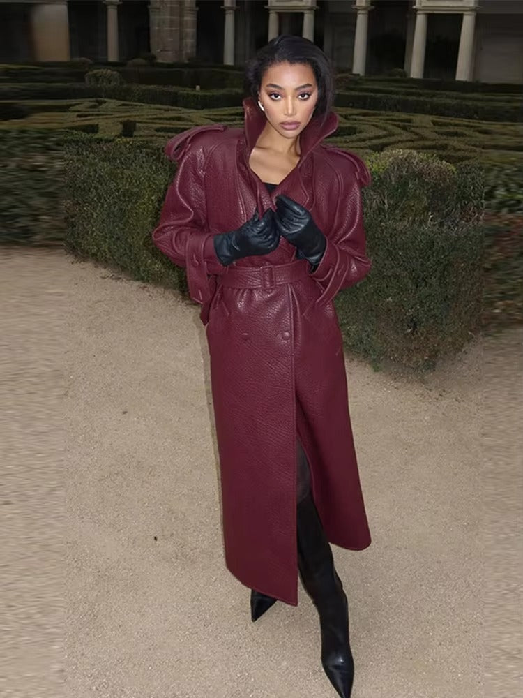 Manteau Leder Femme Long Élégant Hiver