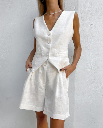 Ensemble Femme Coton Lin Gilet Boutonné Short Assorti