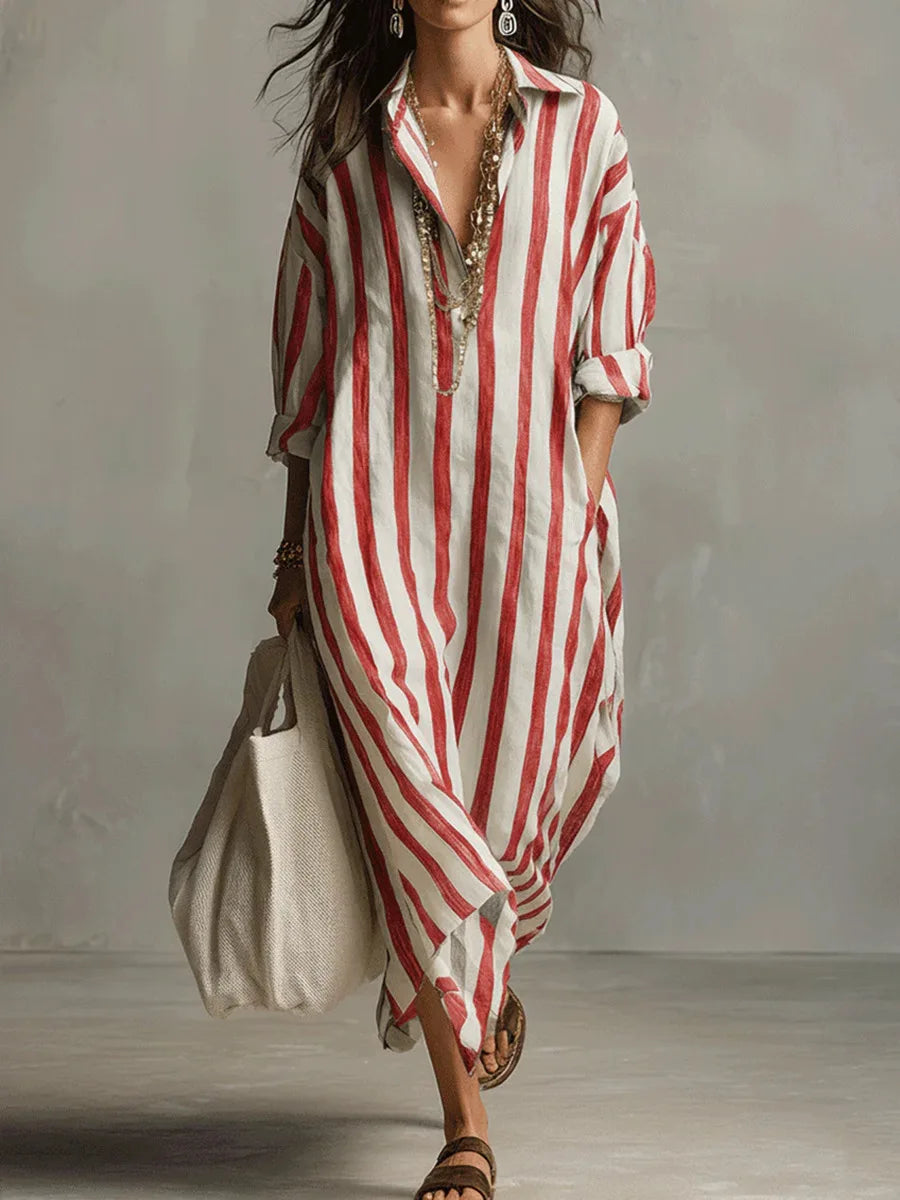Robe Chemise Femme Coupe Ample Longue en Tissu Rayé