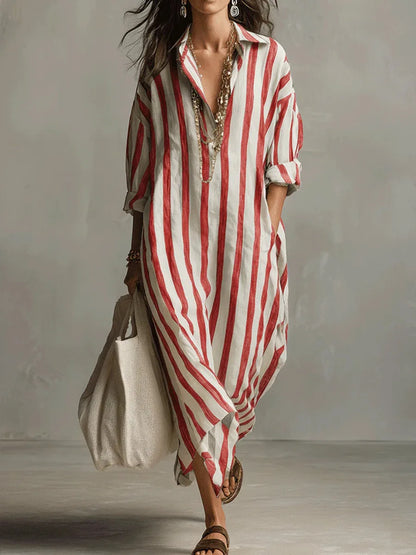 Robe Chemise Femme Coupe Ample Longue en Tissu Rayé