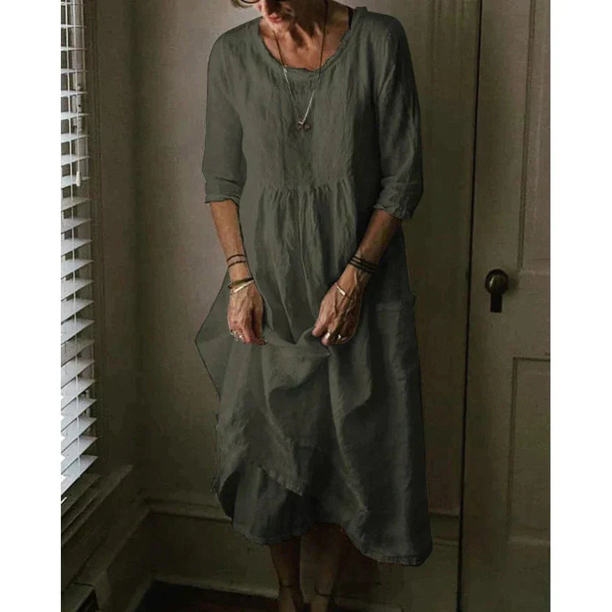 Robe Été en Coton Lin, Col Rond et Manches Courtes