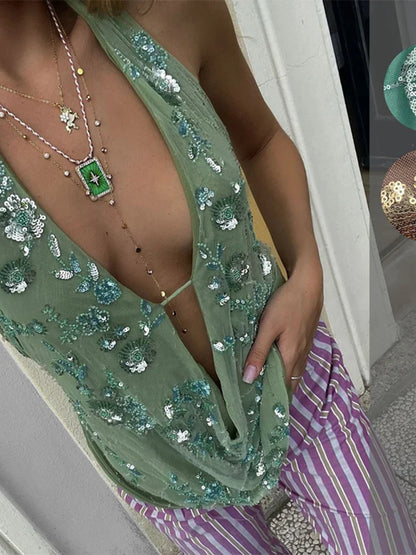Top sans manches Dentelle Paillettes Été Séxy