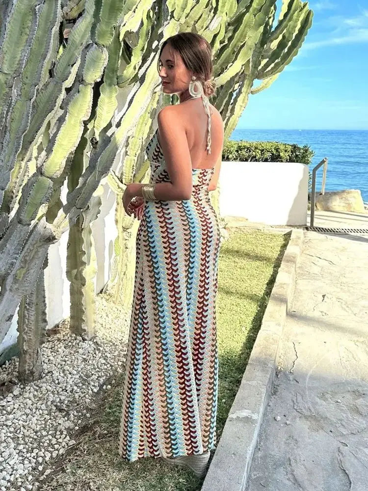 Robe Boho Maxi à Carreaux Rétro avec Col En V et Dos Nu