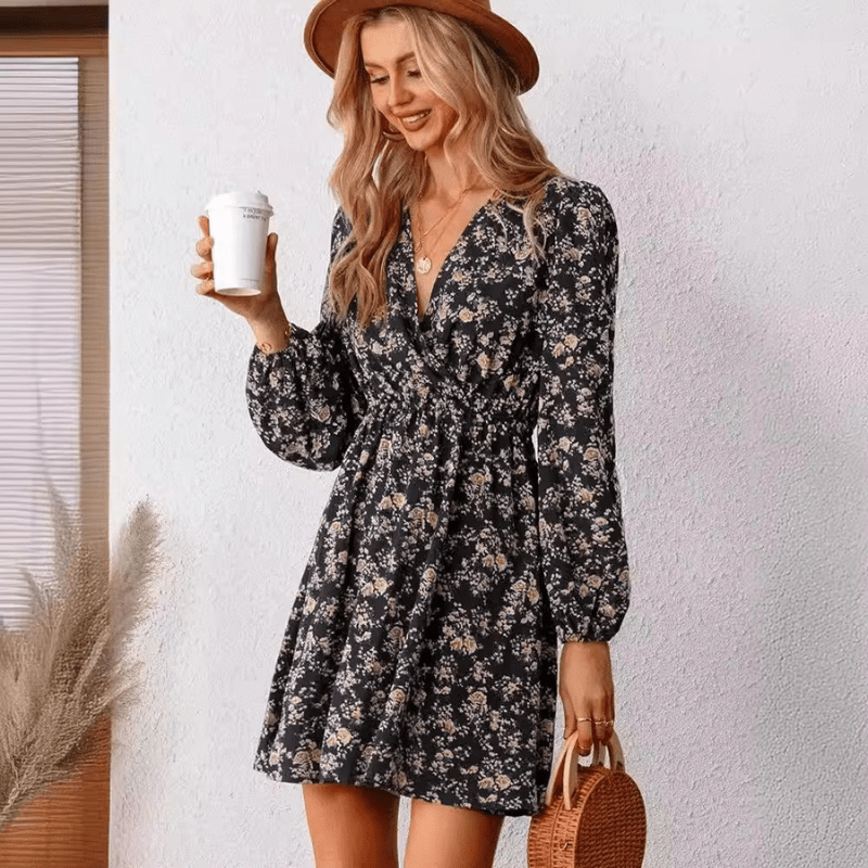 Robe Courte Élégante Fleurs – Col V et Taille Parfaite - PanierRoyale