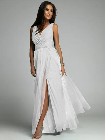 Robe Femme Élégante Col V Décolleté Fendu Arrière