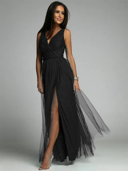 Robe Femme Élégante Col V Décolleté Fendu Arrière